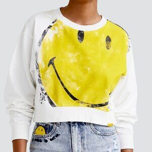 DESIGUAL Amazonas White Smiley Sweatshirt Rave Culture Cropped Relaxed Sz L NWT